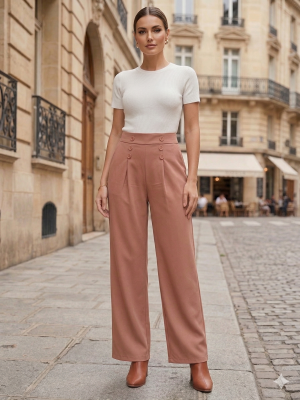 Pantaloni largi cu talie înaltă, cu mai mulți nasturi, pantaloni eleganți de costum, cu cădere frumoasă